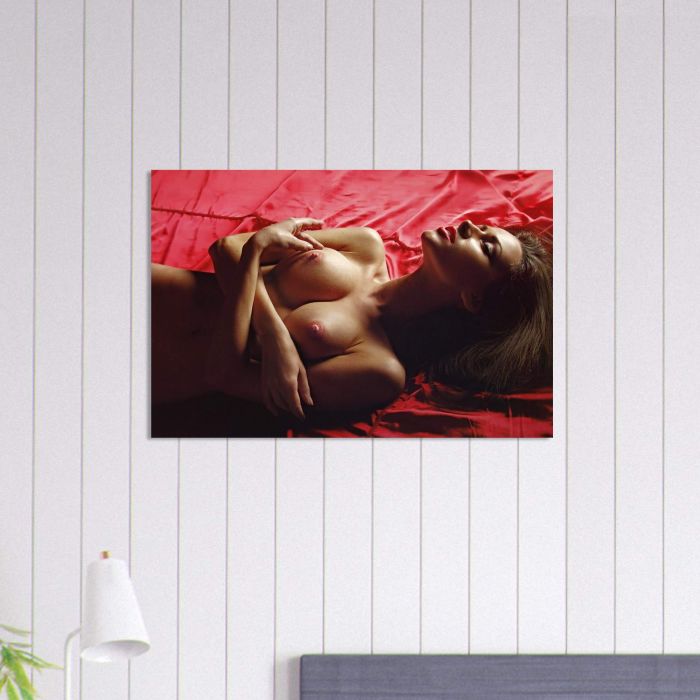 Nackte Frau auf rotem Bettlaken, PlumaArt - Premium Kunst Fotos und Bilder