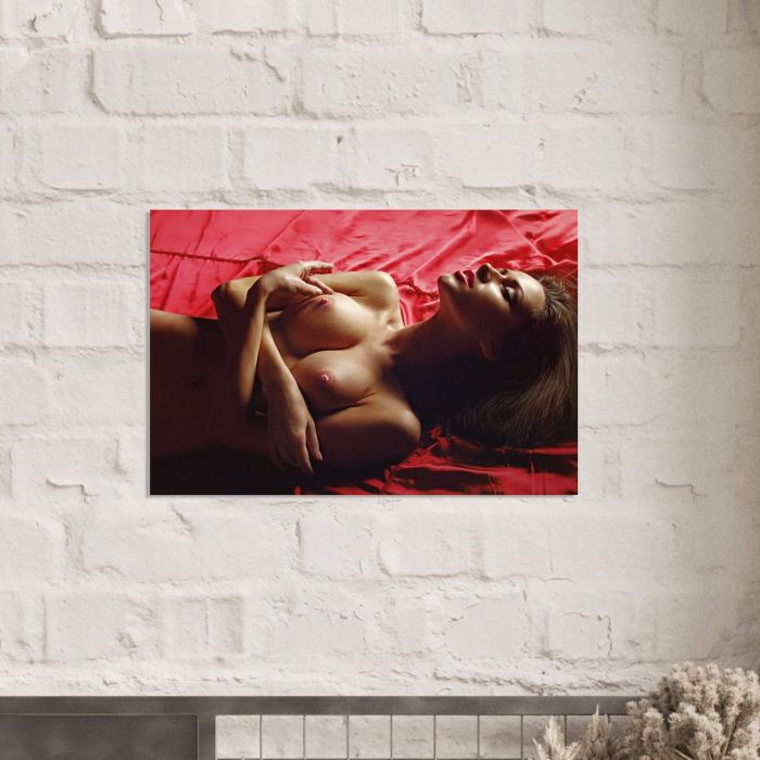 Nackte Frau auf rotem Bettlaken, PlumaArt - Premium Kunst Fotos und Bilder
