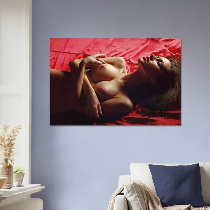Nackte Frau auf rotem Bettlaken, PlumaArt - Hochwertige erotische Kunst und Fotografie